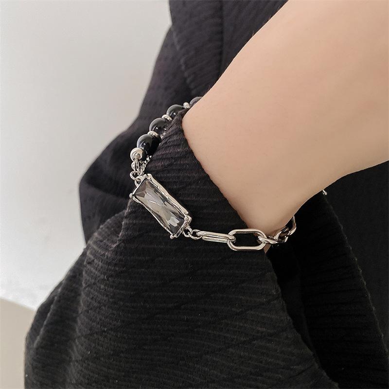 Trend Schwarzer Zirkon Titanstahl Armreif Für Männer Frauen Korea Silberfarbe Geometrische Spleißkette Armband Unisex Schmuck