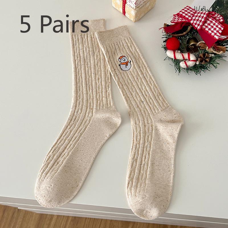 5 Pairs of Women's Autumn and Winter Linen Pattern Christmas Embroidery Trendy and Versatile Mid Calf Stackable Socks