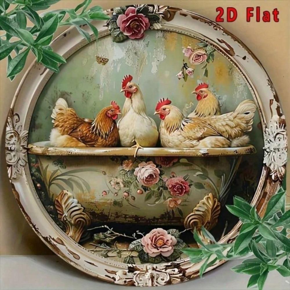 Vintage Rustieke Metalen Kunstprint Kip en Bloemen Wanddecoratie voor Huis Bar Cafe