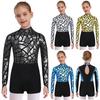Girls Metallic Sequin Dance Jumpsuit Mock Neck Long Sleeve Keyhole Back Leotard Stage Performance Competition Costume