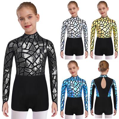 Versatile Kids Dancewear: Metallic Sequin Long Sleeve Leotard with Mock Neck & Back Keyhole, Perfect for Recital & Party