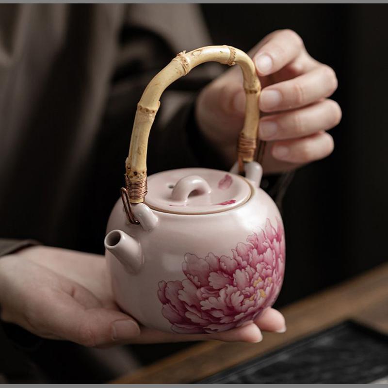 Creative Ceramic Teapot for Brewing Tea Pink Peony with Bamboo Handle Portable Kung Fu Tea Set and Office Ceramic Kettle Gifts