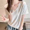 Women's V Neck Short Sleeve Top Loose Fit Commuter Blouse Solid Color Casual T Shirt