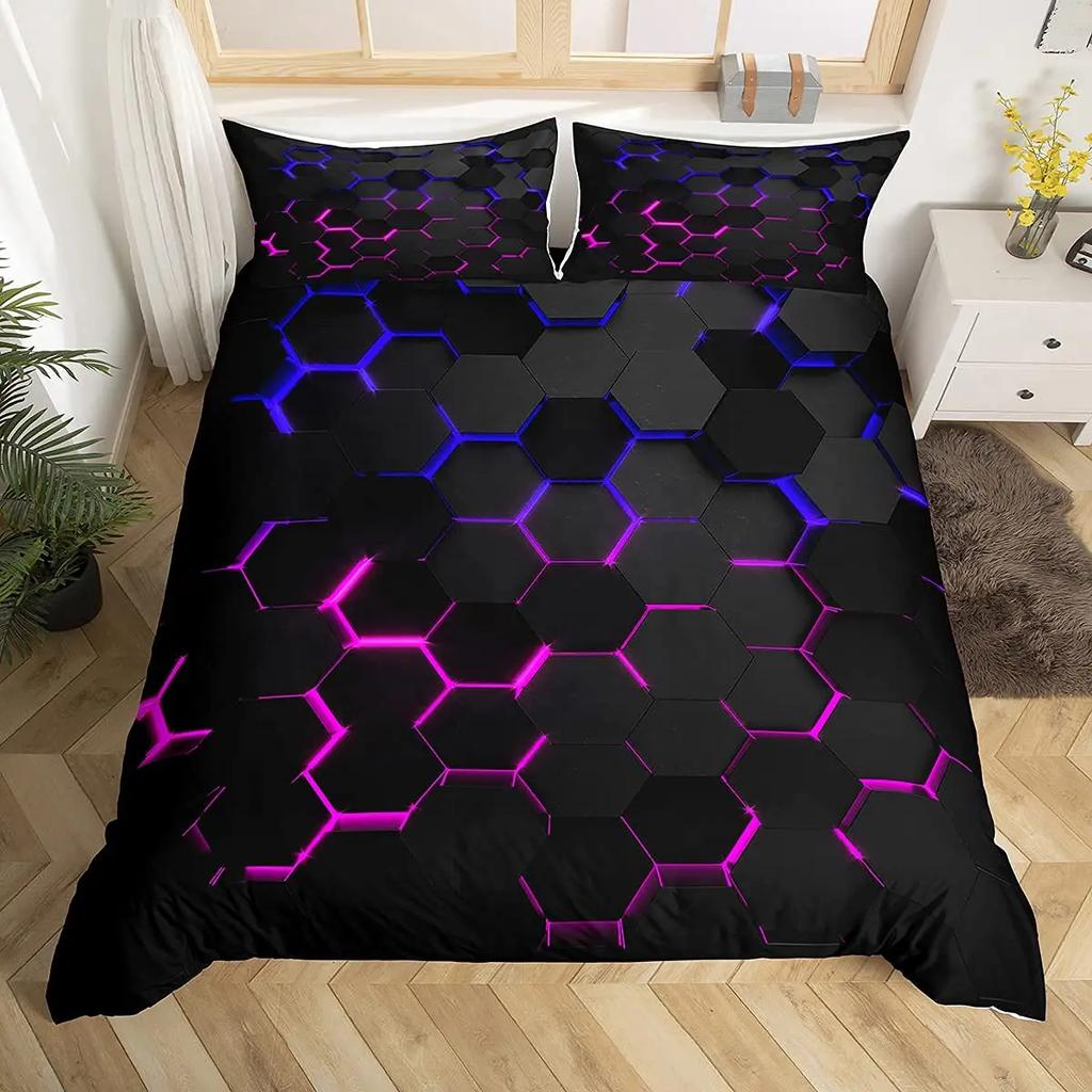 Abstract King Duvet Cover Modern Geometric Grid Square Bedding Set Red and Black Neon Light Line Geometry Themed Quilt Cover