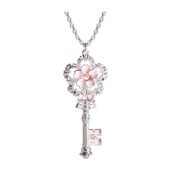 

Cherry Blossom Key Necklace Pendant Pink Enamel Alloy Choker Romantic Jewelry Gift for Women Girlfriend Mom розовый