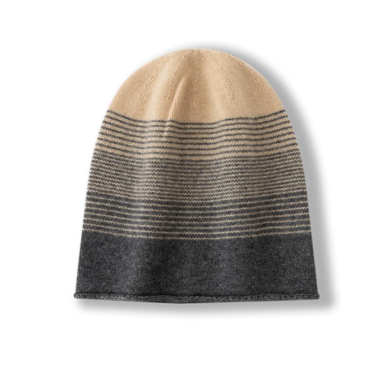 Women 100% Pure Cashmere Beanie Hat Gradient Color Striped Knit Winter Warm Soft Slouchy Skullies Cap Cold Weather Accessory
