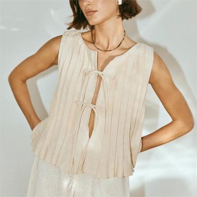 Bow Tie Shirt Hollow Sleeveless Pleated Shirt