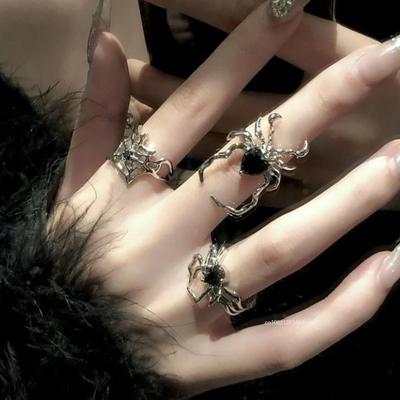 Halloween Electroplating Black Heart Spider Web Rings for Men Women Opening Finger Ring Adjustable Irregular Punk Gothic Unisex Party Jewelry