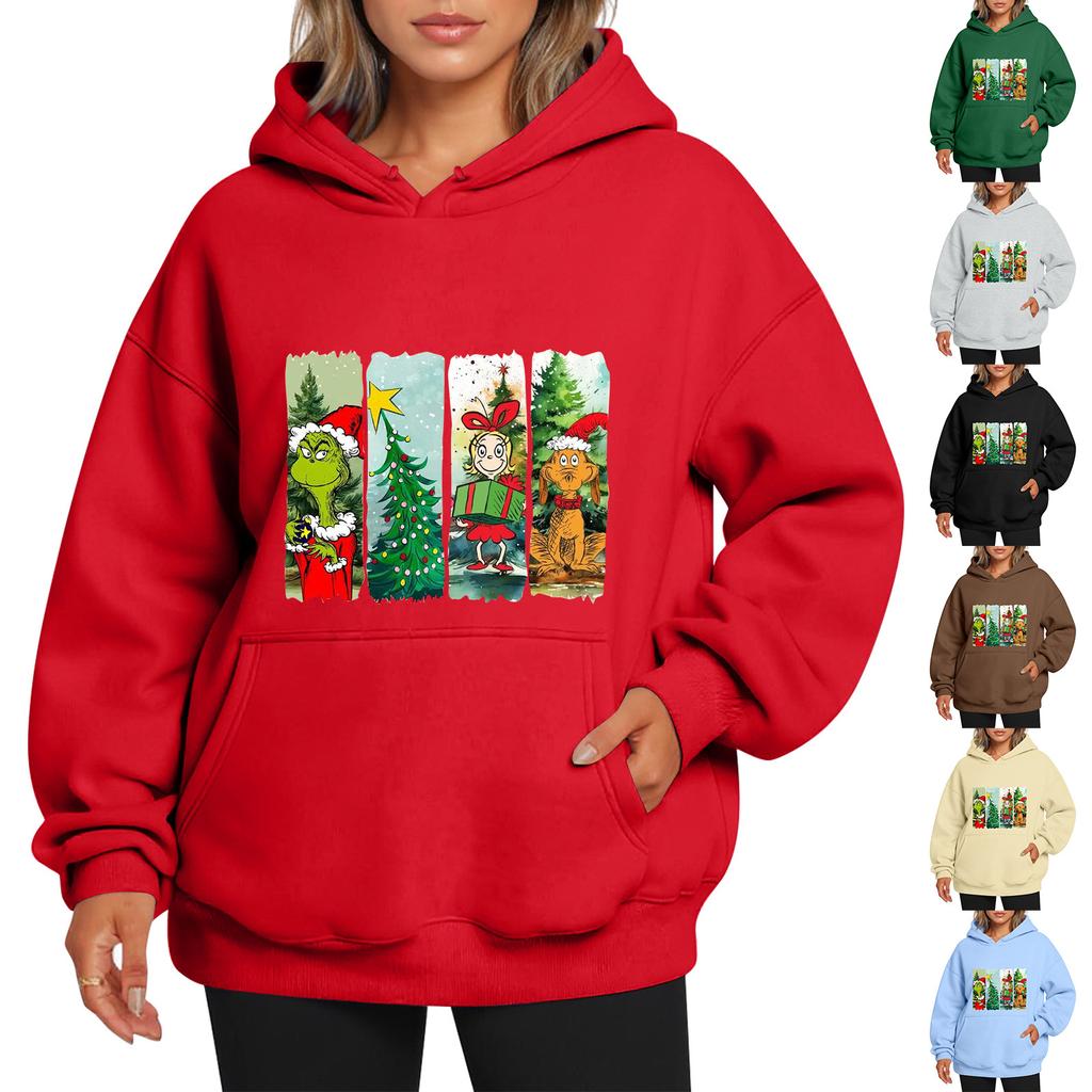 Ladies' Christmas Style Printed Hoodie With Wool And Pockets For Women