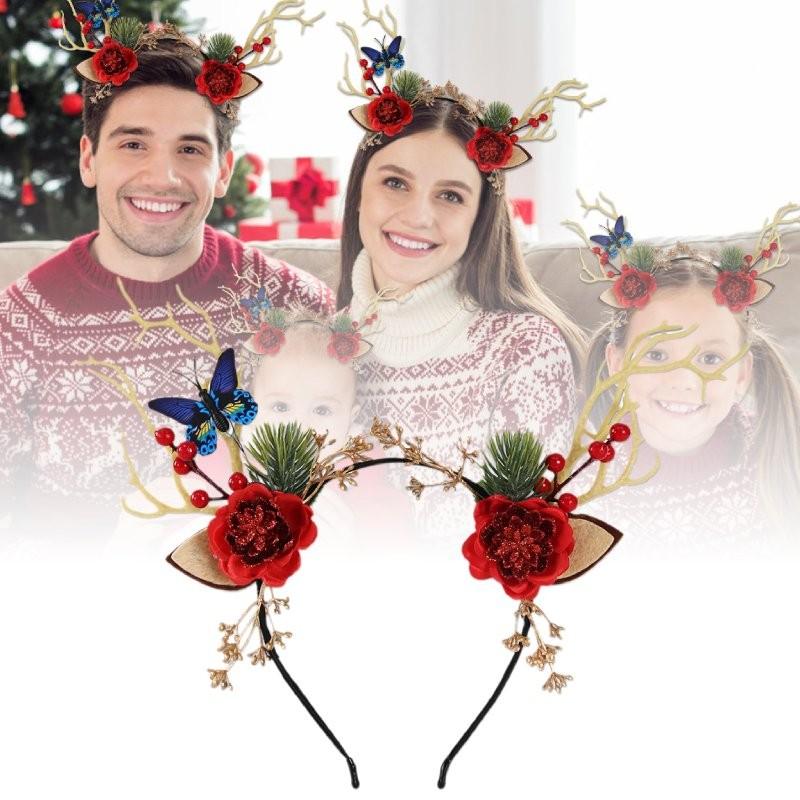 Enchanting Forest Style Antler Headband With Faux Flowers For Christmas Celebrations