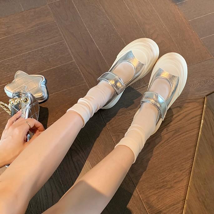 Rindslederversion~ Klettleder Ein-Pedal Dicksohlige Erhöhungsschuhe Silberne Mary Jane Einzelschuhe Muffin Weiße Schuhe