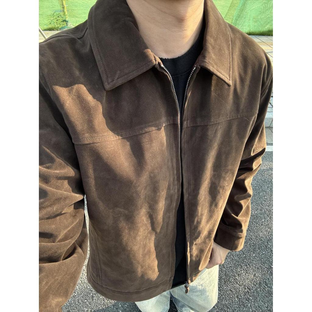 Unisex retro kávová semišová klopová bunda s pocitem jelení kůže - Regular Fit pro podzim/zimu
