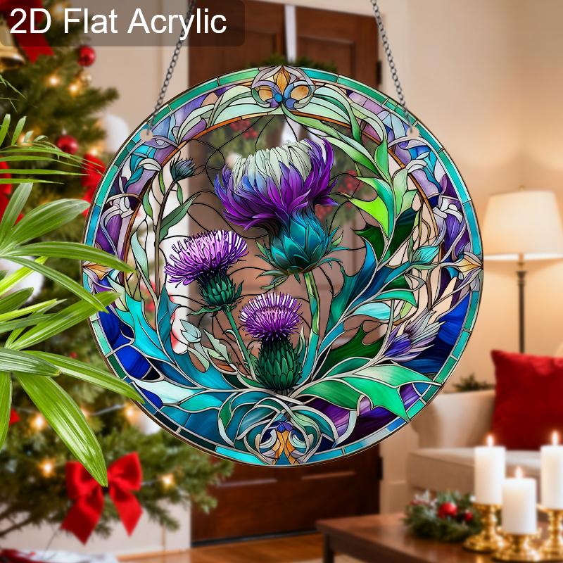 Acrylic Purple Thistle Flower Suncatcher Stained Glass Effect Window Hanging Ornament Flower Lover Gifts