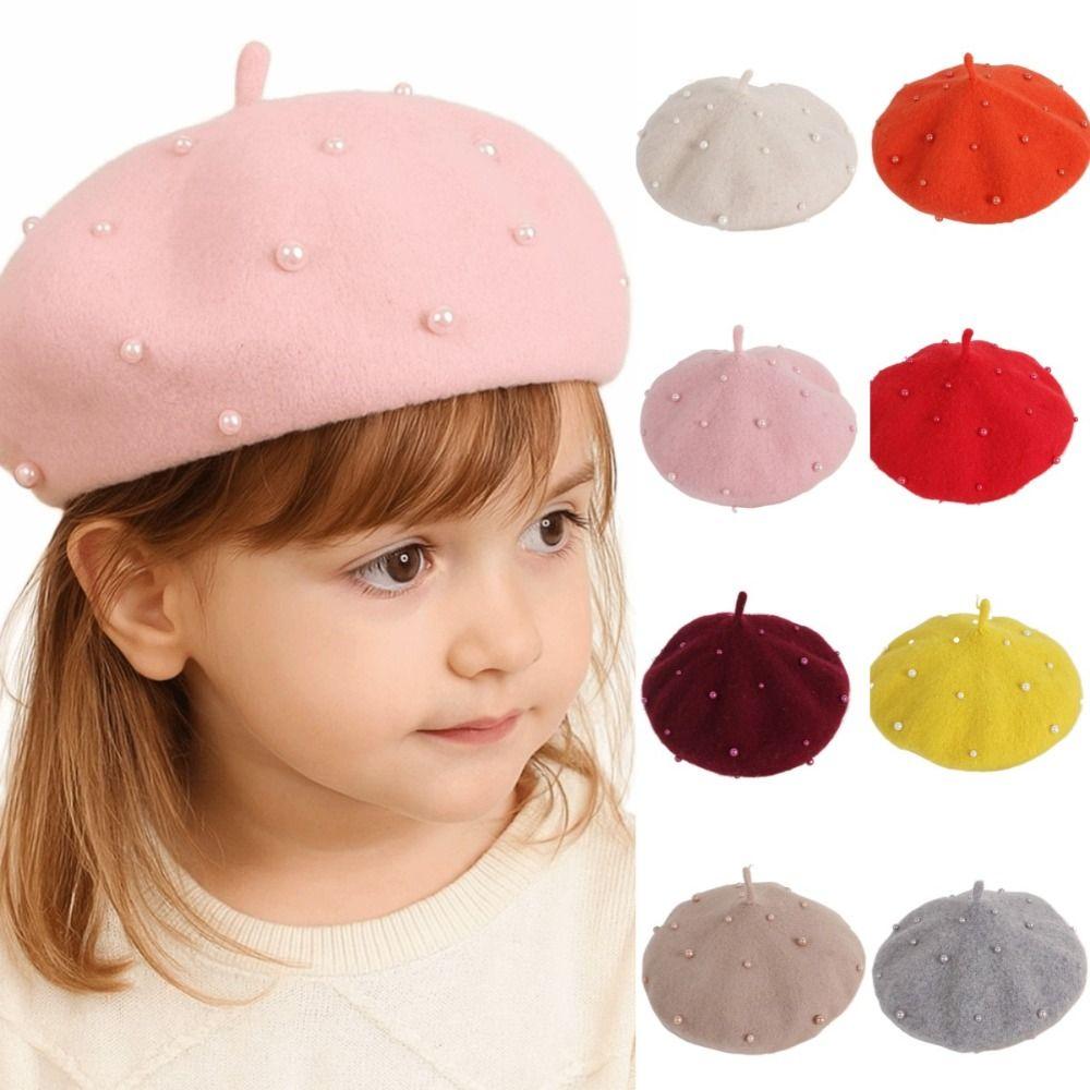 Solid Color Children's Beret Pearl Painter Hat Fashion Baby Wool Hat Kid