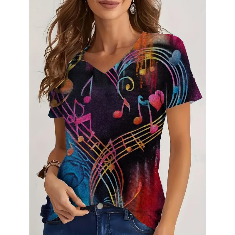 Womens V-Neck Loose Fit Short Sleeve T-Shirt With Floral Print Casual Top