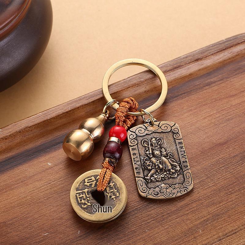 Brass Five-Way God of Wealth Zhao Gongming Keychain with Zodiac Animals and Five Emperors Coins