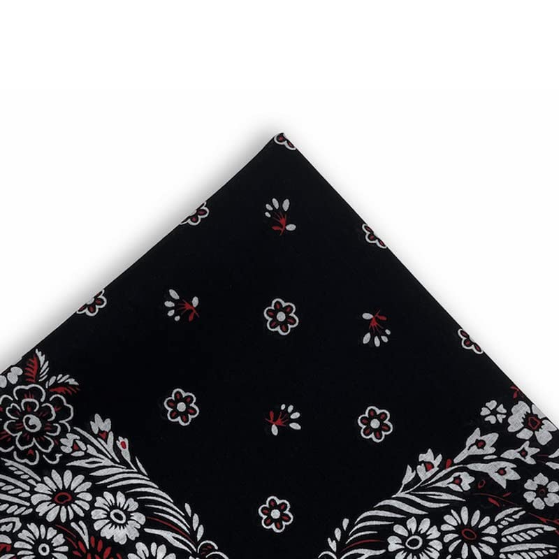 Trifong Bandana Black 100% Cotton Floral Pattern Adult Paisley Handkerchief Unisex Men's Large 55cm X 55cm