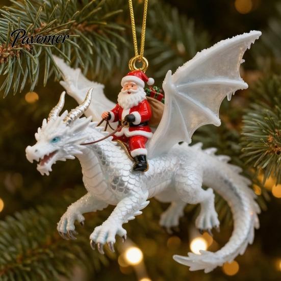 Prachtig kerstcadeau voor vrienden 2 stuks Kerstornamenten Santa Drakenrijder, 2D Acryl Vliegend Handgemaakt Feestelijke Hangende Ornamenten Claus Decoratie, Boom