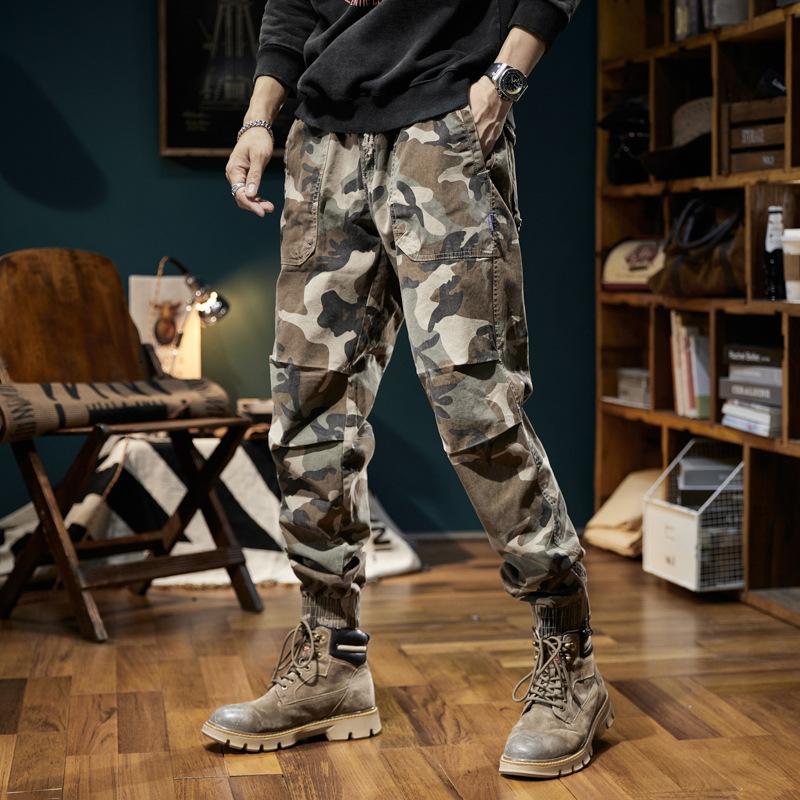 Men's tied feet camouflage overalls wide-leg pants men's micro-pull pants high-end high-crotch trendy pants retro trousers