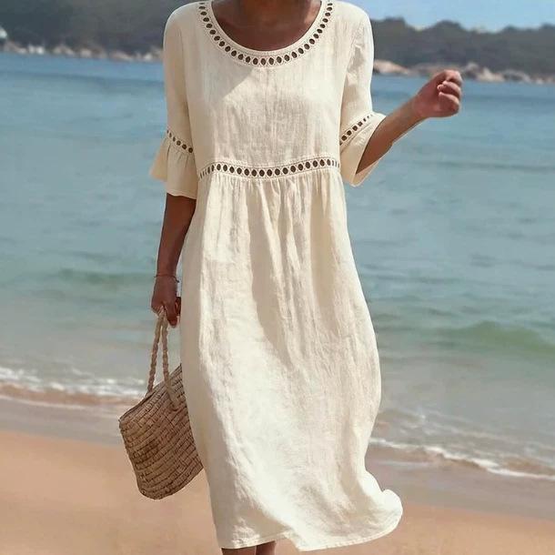 Vestido Feminino Casual Elegante de Gola Redonda e Manga Longa de Cor Sólida - Novo Estilo Primavera/Verão