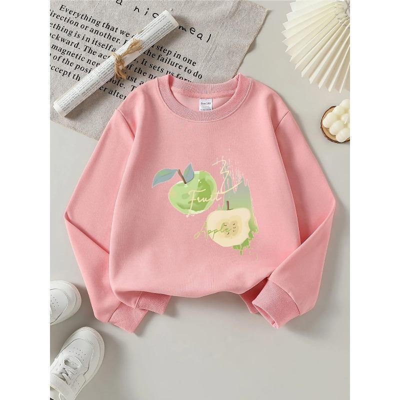 European sizes Kids' Round-Neck Hoodie | Fruit Apple Green Splash Design, Sportswear and Casual Wear, Soft and Comfortable, Easy to Care For