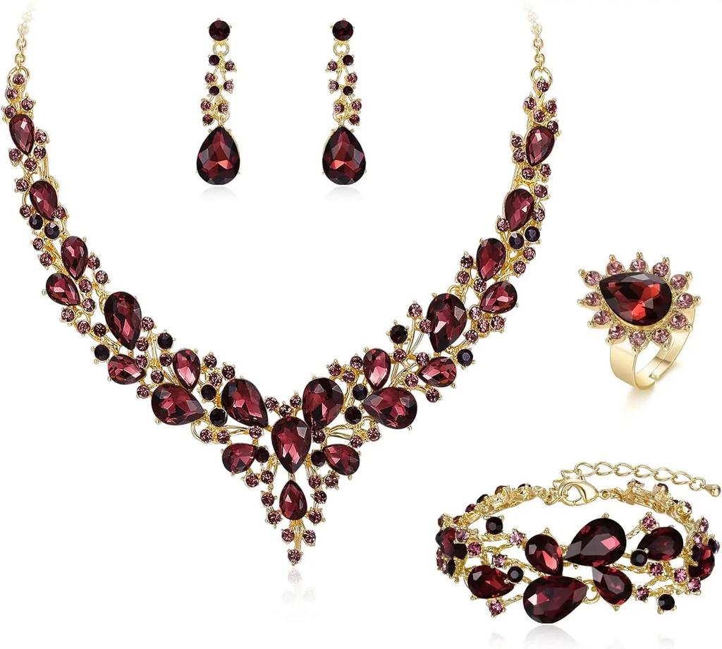 Set Colier Cercei Strass Cristal Mireasă Set Rochie Bal Banchet Doamne Set de Lux Patru Piese