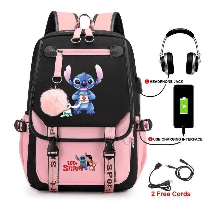 Σακίδιο Stitch για Φοιτητές Χαριτωμένη Τσάντα Laptop με Κινούμενα Σχέδια και Θύρα USB Μοντέρνο Στυλ