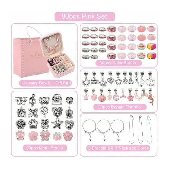 Accessory Kit Bracelet Making 80 Piece Set with Gift Box Stylish Charm Bead Play Birthday Present Gift (Purple)