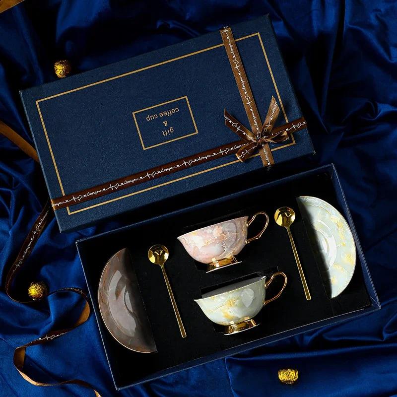 Exquisite Souvenir Bone China Coffee Cup Saucer Set Creative Water CupTea Cup European Style High-Value Tea Cup Tea Set Gift box