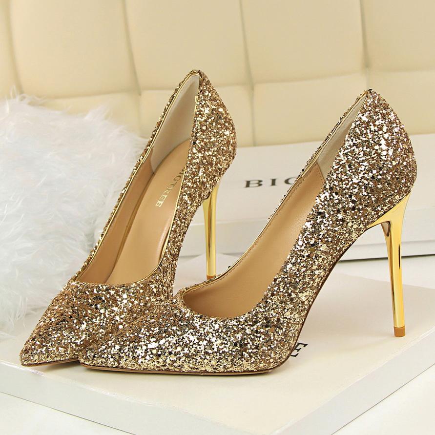 Fashion 2025 Women 9.5cm High Heels Plus Size 43 Stripper Glitter Scarpins Luxury Pumps Stiletto Wedding Bridal Gold Silver Fetish Shoes