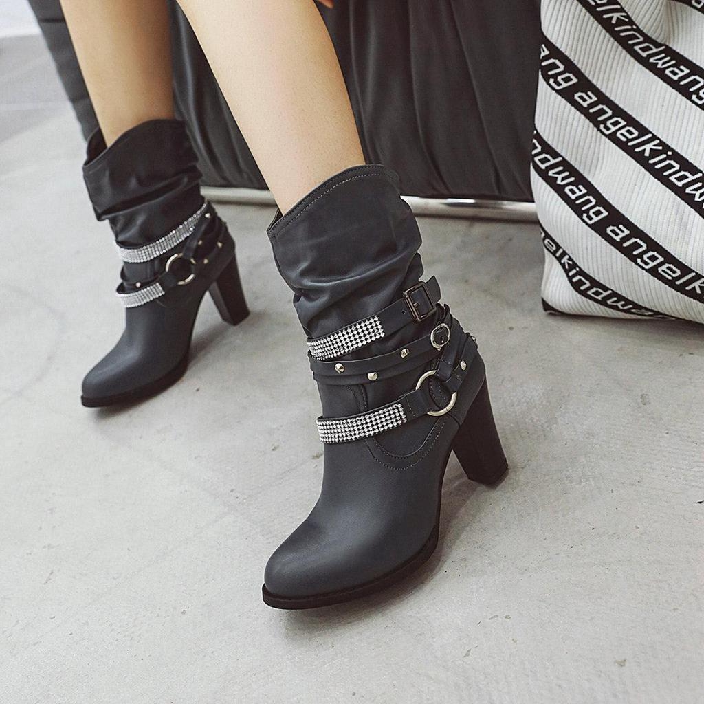 J/Winter New High Heel Thick Heel Round Toe Short Boots European and American Feng Shui Diamond Belt Decorative Women's Boots
