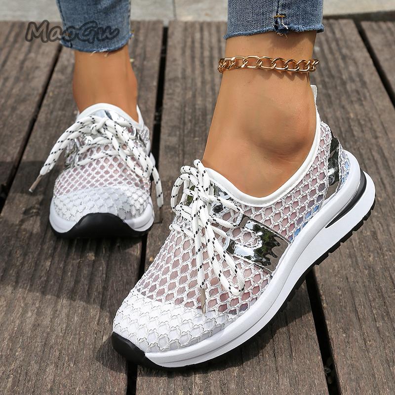 Fashion Hollow Mesh Breathable Sneakers for Women 2025 Summer Lightweight Slip On Sports Shoes Woman Plus Size Fashion Platform Sneakers