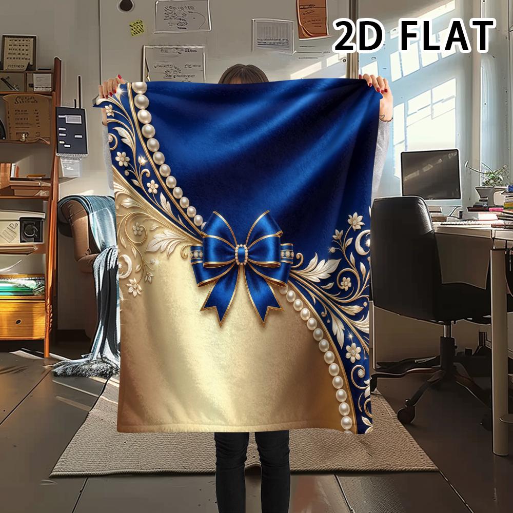 1Pc 2D FLAT Baroque Gold Blue Print Flannel Blanket,High quality Comfortable for All Seasons,Home Decor,Warmth and Comfort,Perfect for Christmas Gifts