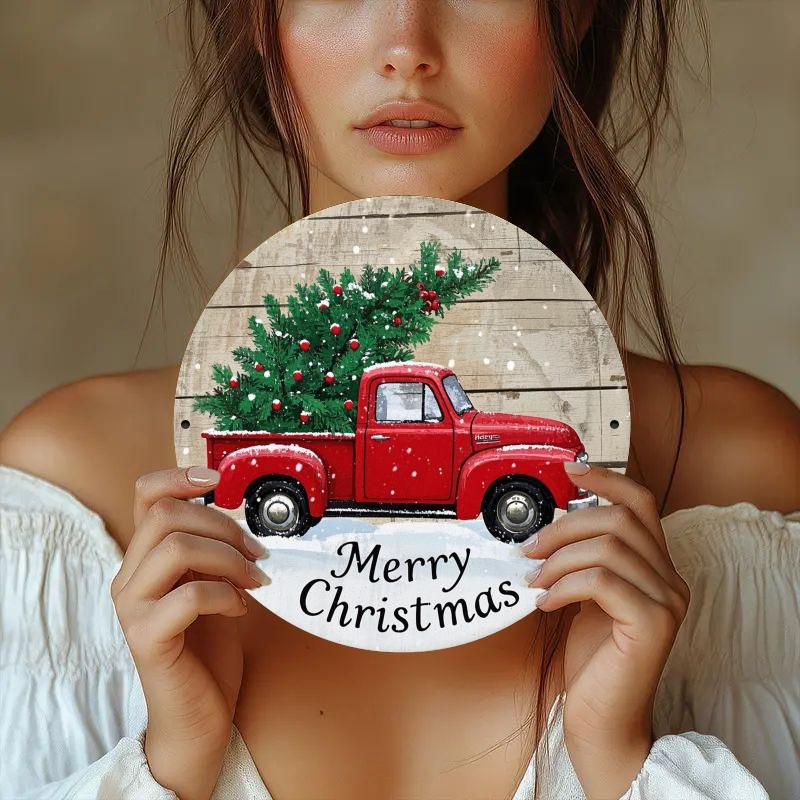 D Flat pc Vintage Red Truck Christmas Wreath Metal Sign Round D Flat Iron Art Deco Festive Holiday Wall Door Hanging f