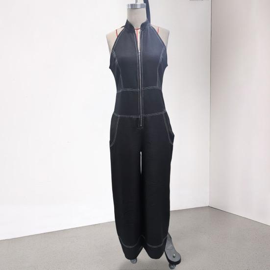 Huaqianguhh Women's Sleeveless Jumpsuit, Zip Up Stand Collar Wide Leg Pants Rompers, Casual Summer One Piece Outfits with Pockets
