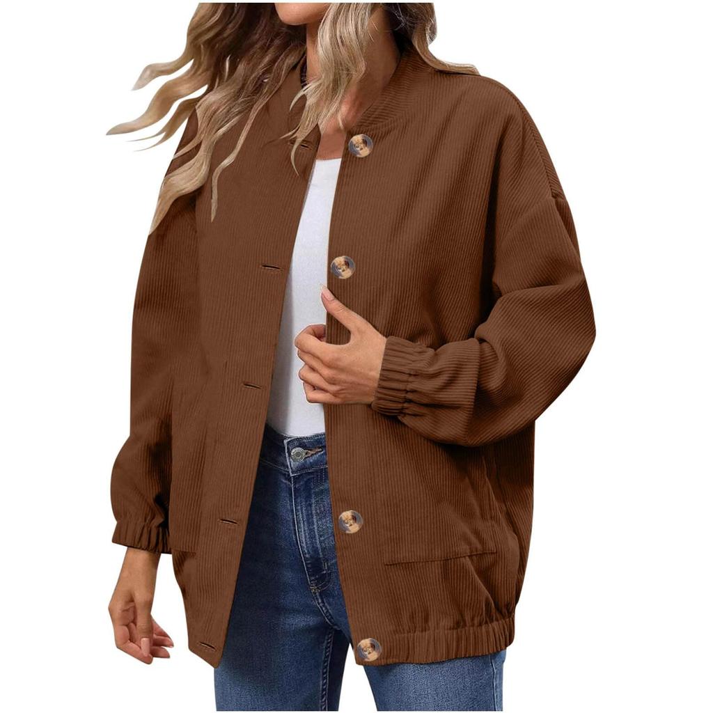 Women's Fashionable Solid Color Long Sleeved Button Jacket With Baseball Stand Up Collar Pocket Casual Jacket