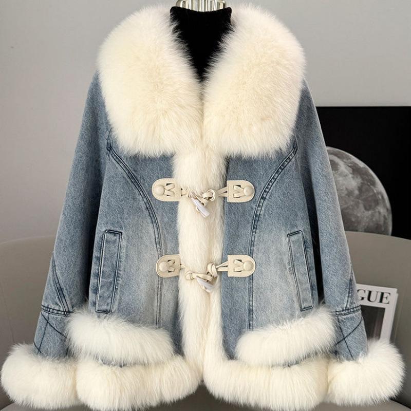 

Зимний дизайн меховой воротник синяя джинсовая куртка утолщенная нишевая теплая плюшевая куртка XL (115-65 kg recommended)