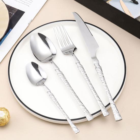 French Style Cutlery 304 Stainless Steel Hammered Texture Tableware Non-Slip Handle Small Waist Design Serrated Knife Sharp Fork Spoon