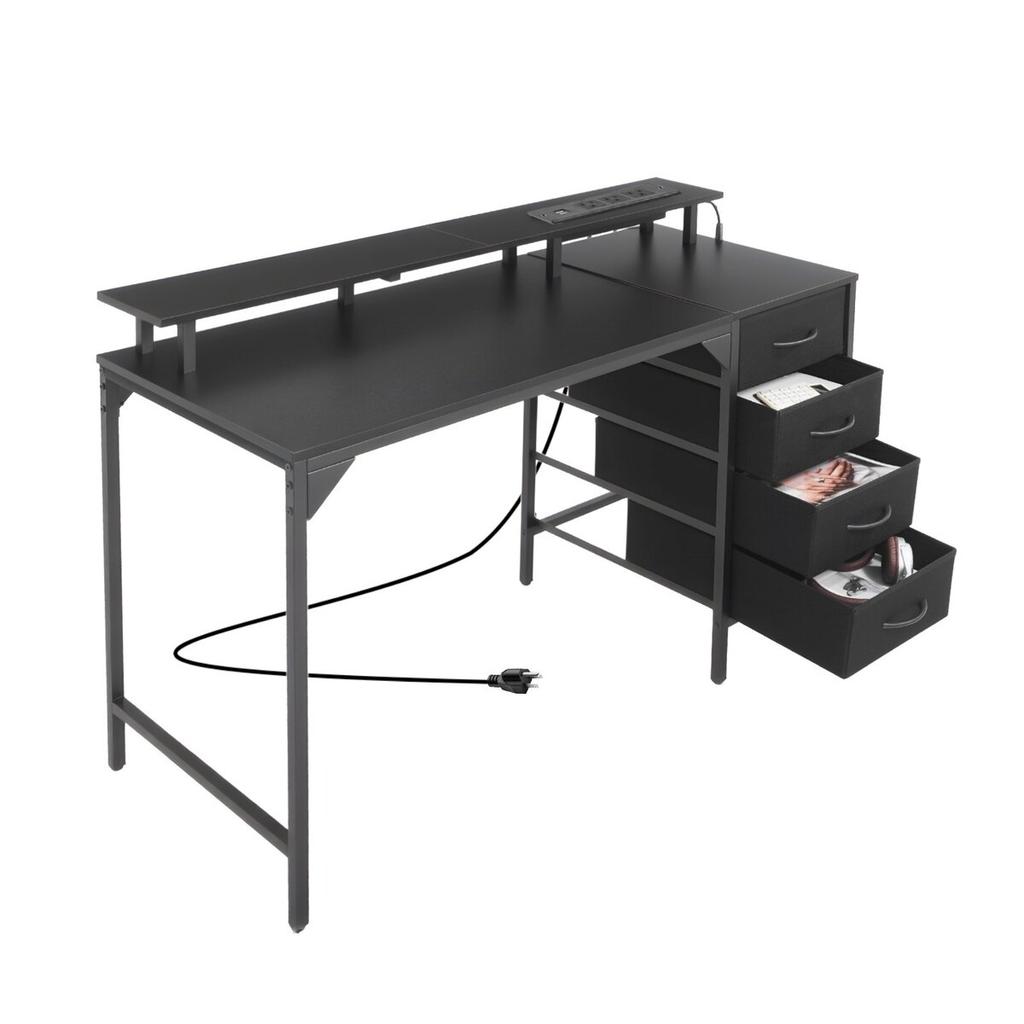 Biurko Komputerowe 120 cm ze Smart Oświetleniem LED i Gniazdkami, Biurko Gamingowe Office z 4 Dużymi Szufladami, Podstawka pod Monitor, do Nauki Pracy dla Domowego Biura,