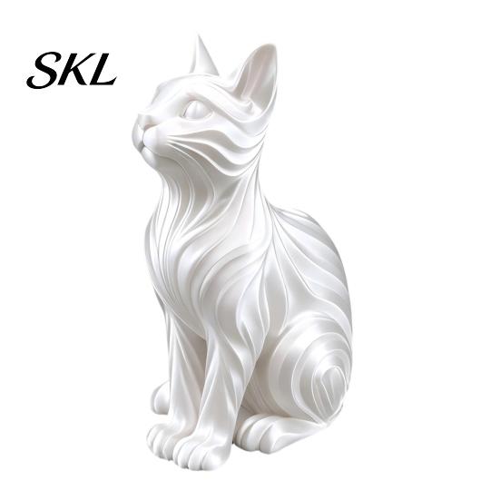 Cat Figurine for Display 3D Printed Statue with Wavy Fur, Modern Sitting Cute Desk Accessory Bookshelf Decor, Minimalist Art Sculpture Home