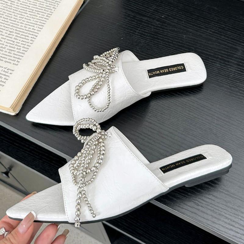 Fashion Metal Beaded Bow Decoration Flat Slippers Women Summer Sexy Pointed Toe Open Toe Slide Sandals Soft Leather Cozy Beach Sandals