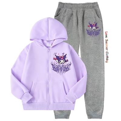 2ks Dívčí mikina s kapucí s kočičím potiskem Kuromi a tepláky set Měkká Melody mikina na zip s kapsami Dlouhý rukáv Ležérní outfit na jaro podzim pro venkovní nošení