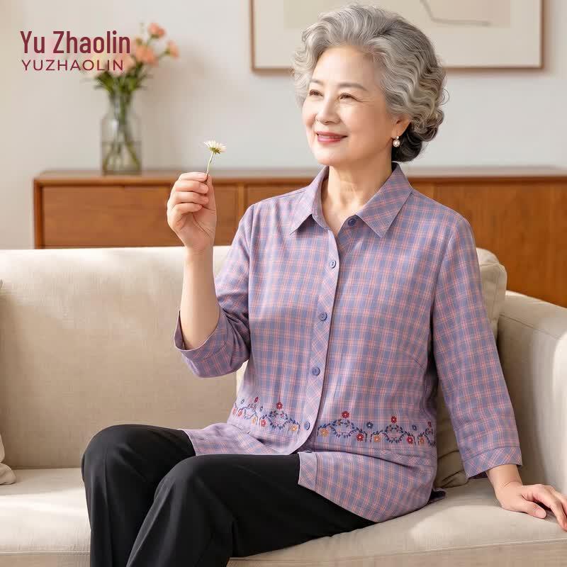YUZHAOLIN Women s Pure Cotton Plaid Long Sleeve Shirt 3XL