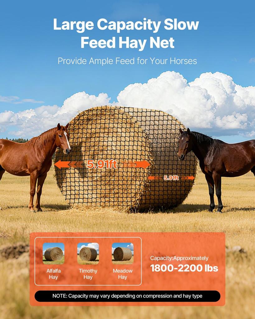 Round Bale Hay Net, 1.8 x 1.8 x 1.8 m, 38.1 x 38.1 mm Holes, PE Material, Knotless Design, with Zip Ties, Needle Shuttle, Repair Twine and Storage