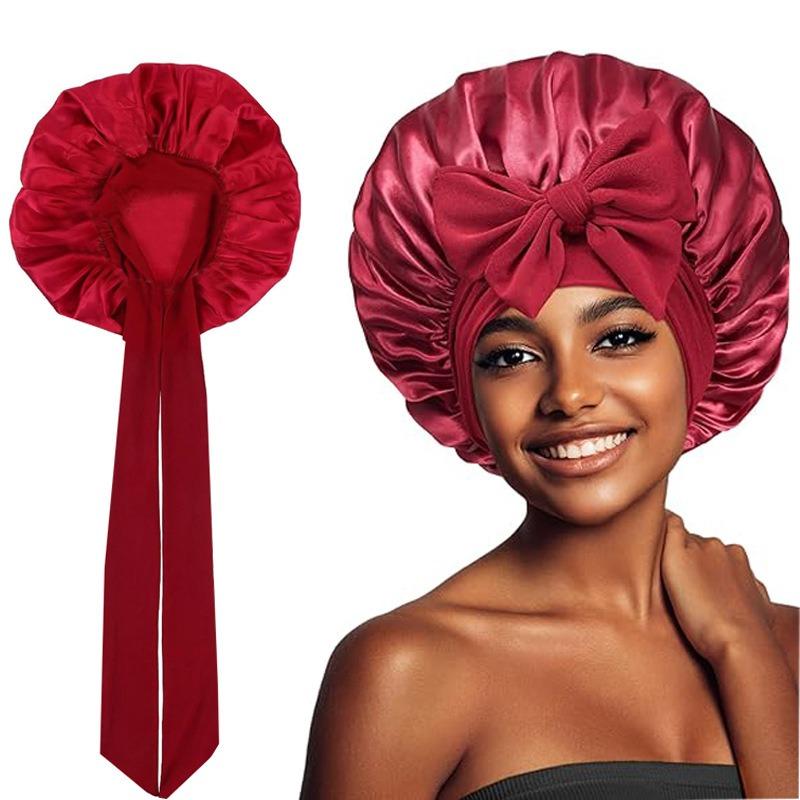 Ladies Satin Ribbon Round Cap Satin Bow Nightcap Hair Care Cap Extra Large Beauty Hair Care Cap