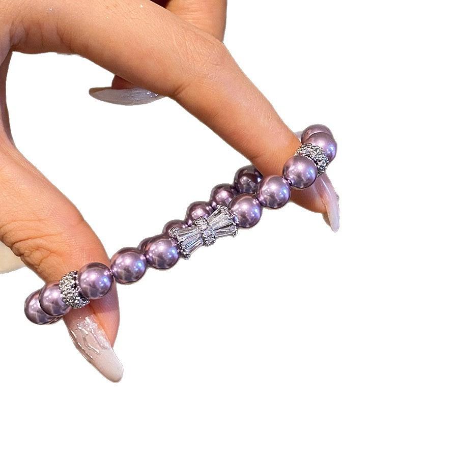Mist Purple Cubic Zirconia Pearl Beaded Elastic Bracelet - Versatile Light Luxury Hand Jewelry