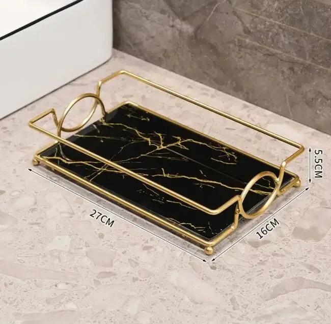 Lüks banyo rafı sondaj olmadan demir duvar rafı mermer tarzı cam tabak makyaj kutusu raf banyo aksesuarları