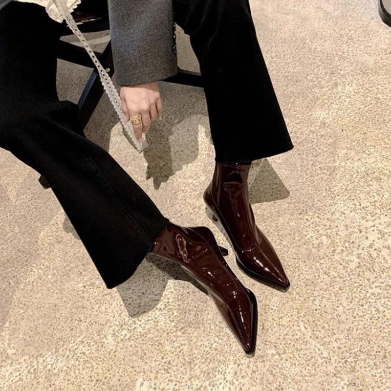 Autumn and Winter New Patent Leather Short Boots Women's Sexy Pointed Thin High Heels Thin Boots Commuting Temperament Small Ankle Boots