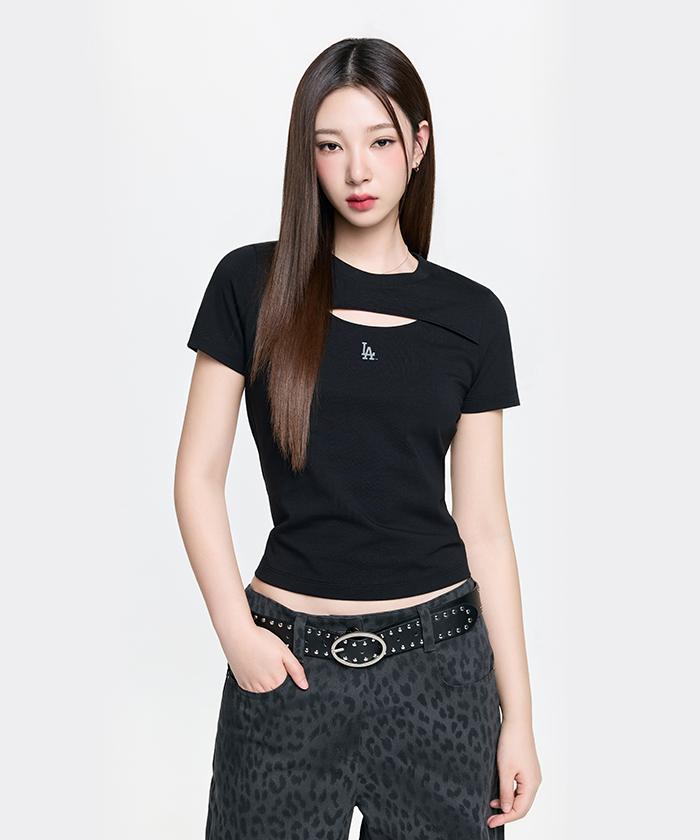 Emelbi Women'S Cutout Detail Slim Semi-Crop Short Sleeve T-Shirt La (Black)