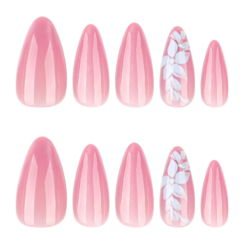 Cat Eye Super Sparkle Long Almond False Nails - Fresh Leaves Flowers Design